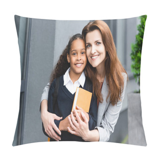Personality  Happy Mother Hugging Adopted African American Daughter While Standing Near School Together Pillow Covers