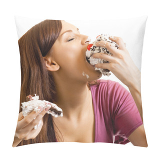 Personality  Cheerful Woman Eating Pie, Over White Pillow Covers