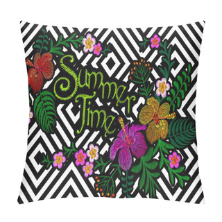 Personality  Summer Time Flower Embroidery Patch On Geometric Stripe Seamless Background. Stitch Textile Print Floral Arrangement. Plumeria Hibiscus Tropical Palm Leaves Vector Illustration Pillow Covers