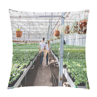 Personality  Couple Of Gardeners Walking Among Plants In Glasshouse Pillow Covers