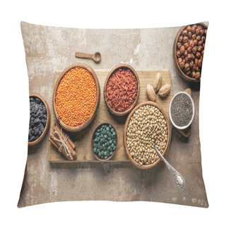 Personality  Flat Lay Of Wooden Board With Legumes, Goji Berries And Healthy Ingredients With Rustic Background Pillow Covers