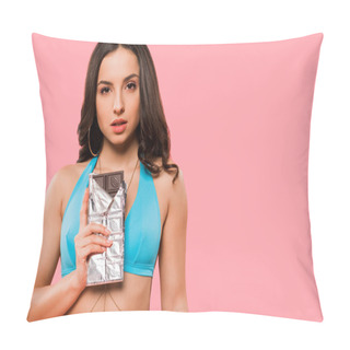 Personality  Attractive Girl In Swimsuit Holding Chocolate Bar Isolated On Pink  Pillow Covers