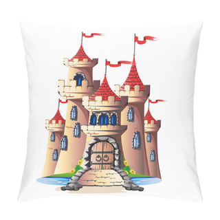 Personality  Fairytale Towers Of A Stone Castle With A Gate And A Bridge. Vector Illustration. Pillow Covers