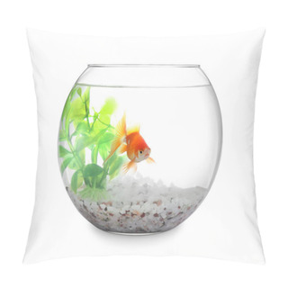 Personality  Beautiful Bright Small Goldfish In Round Glass Aquarium Isolated On White Pillow Covers