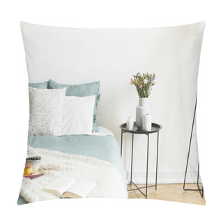 Personality  Close-up Of A Bed With Pale Sage Green And White Linen, Pillows And A Blanket In A Sunny Bedroom Interior. A Round Black Metal Side Table With Vases And Flowers Beside The Bed. Real Photo Pillow Covers