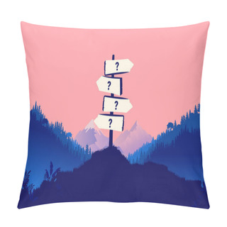 Personality  Difficult Choice - Signpost In Open Nature Landscape Pointing In Different Directions With Question Marks. Trouble Making Choices Concept. Vector Illustration. Pillow Covers