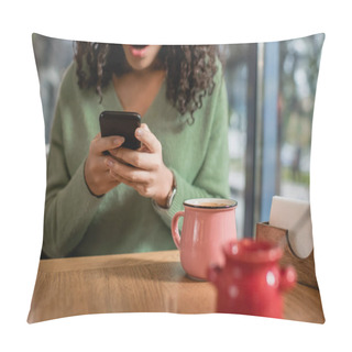 Personality  Cup Of Coffee Near Shocked African American Woman Texting On Smartphone On Blurred Foreground  Pillow Covers