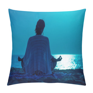 Personality  Yoga Under Full Moon Over Night Ocean Or Sea Beach. Young Womans Meditation Pillow Covers