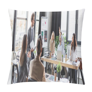 Personality  Young Businessman Raising Hand During Meeting With Multiethnic Colleagues, Banner Pillow Covers