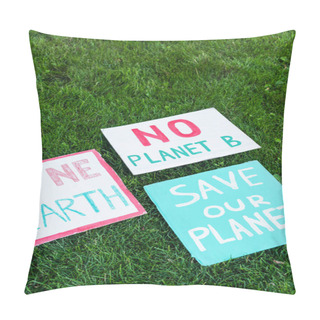 Personality  High Angle View Of Placards With No Planet B, Save Our Planer And One Earth Lettering On Grass, Ecology Concept Pillow Covers
