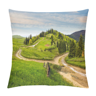 Personality  Cross Road On Hillside Meadow In Mountain At Sunrise Pillow Covers