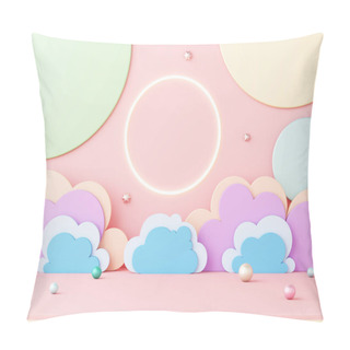 Personality  Stage Podium Party Kid Cute Theme. Sun Neon Light Colorful Cloud Sky And Star Backdrop With Sphere Balls On Pink Floor. Playground, Nursery And Performances Shows Festival Fun Child. 3D Illustration. Pillow Covers