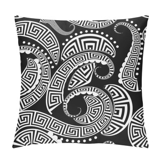 Personality  Ornamental Vintage Black And White Greek Key Vector Seamless Pattern. Patterned Modern Background. Ethnic Style Paisley Flowers, Curves, Wave Lines, Dots, Circles, Lace. Meanders Ornament Pillow Covers