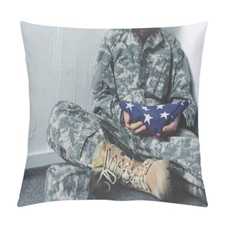 Personality  Partial View Of Depressed Man In Military Uniform Sitting On Grey Floor In Corner And Holding Usa National Flag Pillow Covers