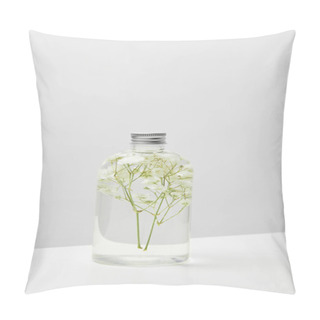 Personality  Organic Cosmetic Product In Transparent Bottle With Herbs On White Table Isolated On Grey  Pillow Covers