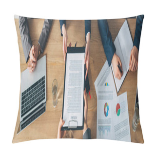 Personality  Overhead View Of Employee Holding Resume Near Recruiters At Table, Panoramic Shot Pillow Covers