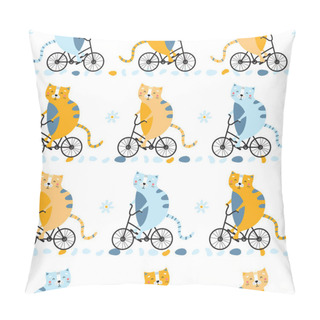 Personality  Cute Seamless Pattern With Cats On Bicycle. Vector Children's Illustration With Cats And Colored Stones On A White Isolated Background. Printing On Fabric, Clothing, Textiles, Packaging Paper. Pillow Covers