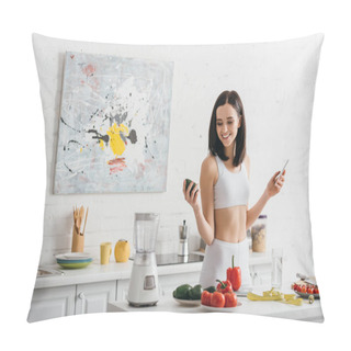 Personality  Smiling Sportswoman Holding Avocado And Smartphone Near Vegetables And Measuring Tape On Table, Calorie Counting Diet Pillow Covers