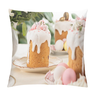 Personality  Selective Focus Of Easter Cakes With White Glaze And Meringue On Table Pillow Covers