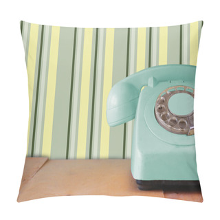 Personality  Retro Pastel Mint Telephone On Wooden Table And Abstract Retro Geometric Pastel Pattern Background. Retro Filtered Image Pillow Covers