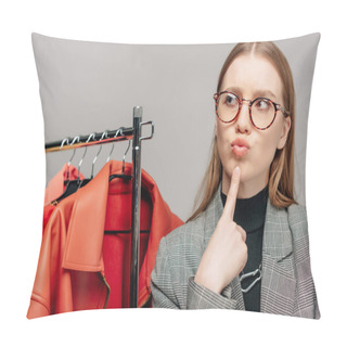 Personality  Pensive Stylist In Glasses Touching Face While Thinking Near Trendy Clothing Isolated On Grey  Pillow Covers