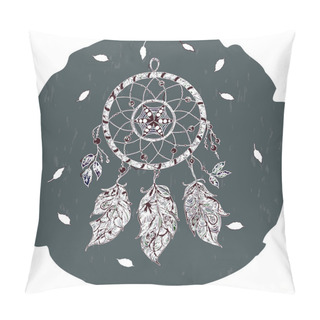 Personality  Dream Catcher With Leaves Feathers And Beads On A Gray Background. Vintage. Vector Image. Pillow Covers