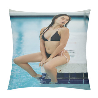 Personality  Summer Holiday, Mesmerizing And Confident Brunette Woman With Wet Hair Dressed In Sexy Black Bikini Sitting And Dipping Toes In Outdoor Swimming Pool, Luxury Resort In Miami, USA, Shimmering Water Pillow Covers
