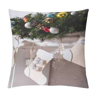Personality  Fireplace Decorated With Christmas Stockings, Pine Branches And Christmas Balls Pillow Covers