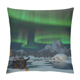 Personality  Penguins Watching The Northern Lights At Christmas Time, 3d Render Pillow Covers