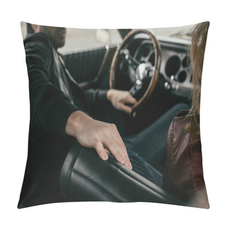 Personality  Cropped Shot Of Young Man And Woman Sitting In Retro Car Pillow Covers