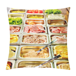 Personality  Tray With Food On Showcase At Cafeteria Pillow Covers