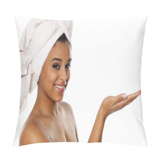Personality  Portrait Of A Young Smiling Dark-skinned Woman On A White Background, Advertise Some Product Pillow Covers