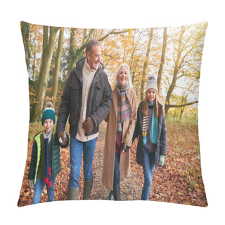 Personality  Grandparents With Grandchildren Enjoying Walk Along Autumn Woodland Path Together Pillow Covers