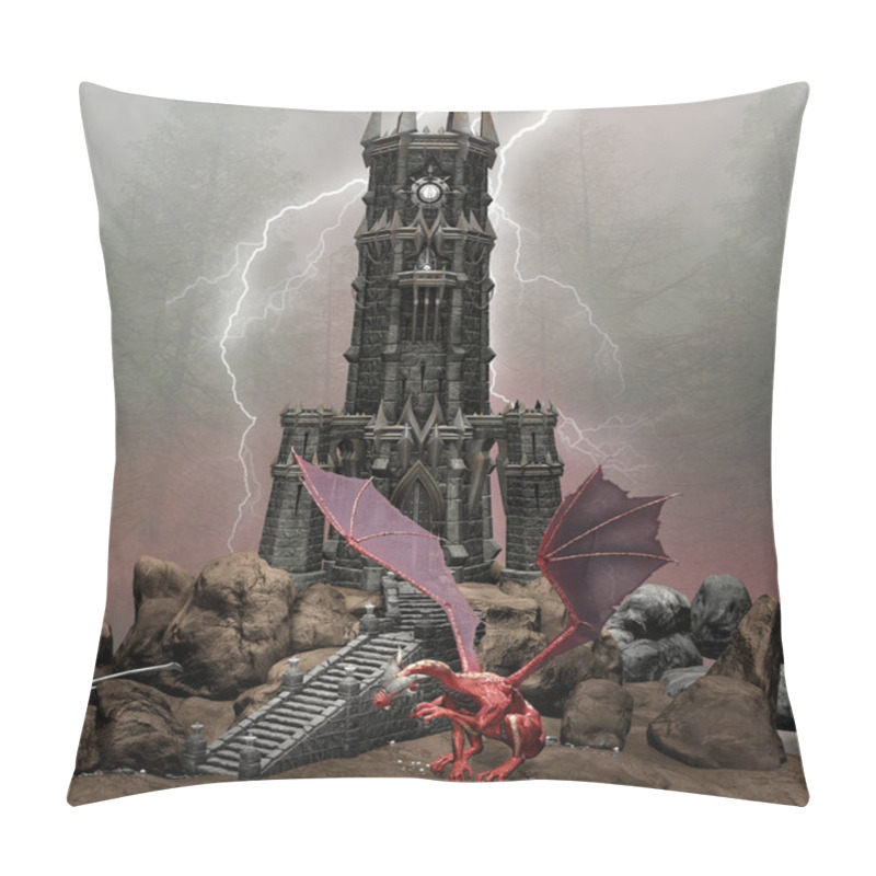 Personality  Gothic Black Forest With A Red Dragon By A Medieval Tower Pillow Covers