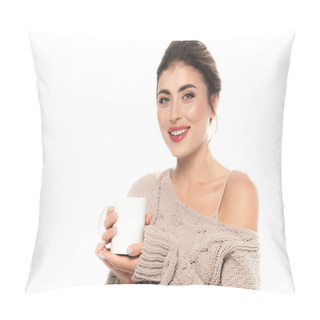 Personality  Joyful Woman In Openwork Sweater Holding Cup Of Warm Drink Isolated On White Pillow Covers