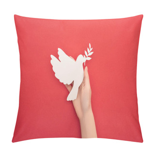 Personality  Cropped View Of Woman Holding White Dove As Symbol Of Peace In Hand On Red Background Pillow Covers