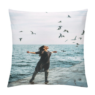 Personality  The Girl In Black Stands On The Pier With Open Arms To The Sun And The Wind Receives Inspiration And Strength And Inner Peace Of The Soul Seagulls. Open To The Challenges And Opportunities Of Life Pillow Covers