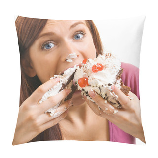 Personality  Cheerful Woman Eating Pie, Over White Pillow Covers
