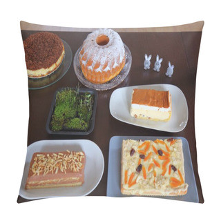 Personality  Easter Cakes Table In Poland. Easter Pastry: Babka Cake, Mazurek Cakes And Cheesecakes. Easter In Poland - Wielkanoc. Pillow Covers
