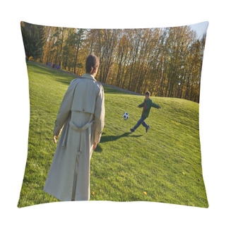Personality  Cute African American Boy Playing Football Near Mother On Green Field, Soccer, Autumn, Fall Season Pillow Covers