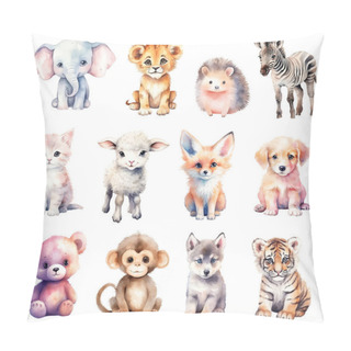 Personality  Baby Animals Watercolor Set. Hand Drawn Vector Set Small Animals Zebra, Fox, Elephant, Wolf, Tiger, Lion, Hedgehog. Pillow Covers