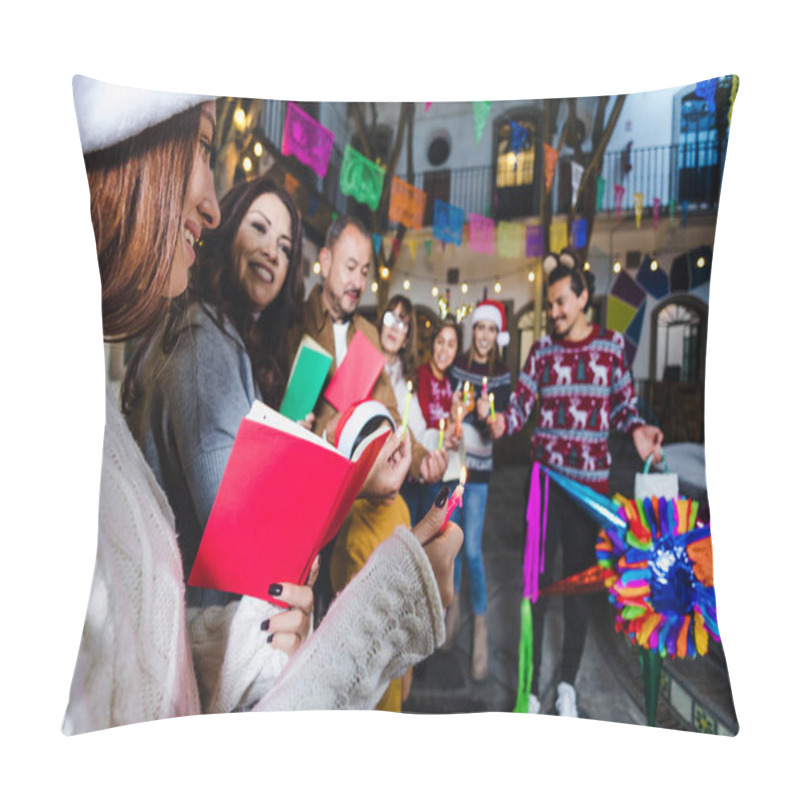 Personality  Mexican Posada, hispanic family Singing carols in Christmas celebration in Mexico Latin America culture and traditions pillow covers