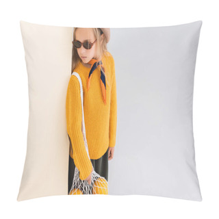 Personality  Fashionable Blonde Girl In Autumn Outfit And Sunglasses Posing With Grapefruits In String Bag On Beige And White Background Pillow Covers