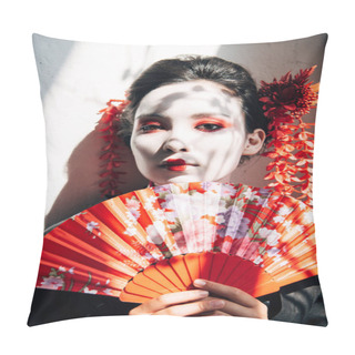 Personality  Portrait Of Beautiful Geisha With Red And White Makeup Holding Hand Fan In Sunlight Pillow Covers