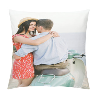 Personality  Happy Young Couple In Love On Retro Motorbike Driving Togetger And Ejoying The Trip Near The Ocean. Pillow Covers