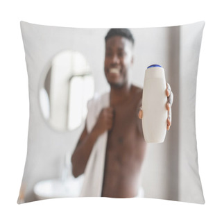 Personality  Unrecognizable Black Guy Showing Shower Gel Bottle Standing In Bathroom Pillow Covers