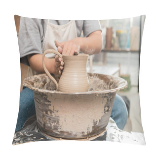 Personality  Cropped View Of Young Female Artisan In Apron Making Clay Jug While Working With Pottery Wheel On Table In Blurred Ceramic Workshop, Artisanal Pottery Production And Process Pillow Covers