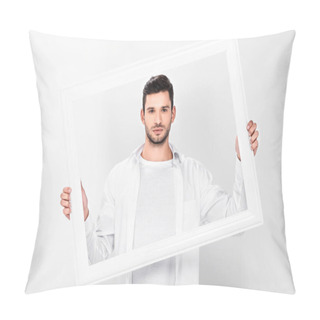 Personality  Handsome Adult Man Posing With Frame Isolated On White Pillow Covers
