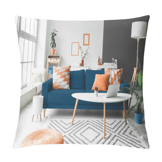Personality  Interior Of Light Living Room With Blue Sofa, Tables And Lamp Pillow Covers