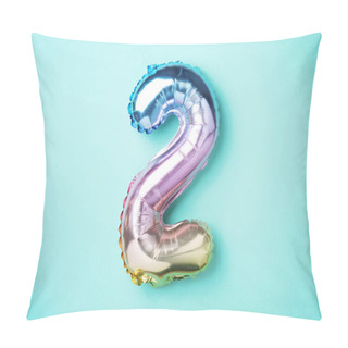 Personality  Creative Layout. Rainbow Foil Balloon Number And Digit Two 2. Birthday Greeting Card. Anniversary Concept. Top View. Copy Space. Stylish Colored Numeral Over Blue Background. Numerical Digit Pillow Covers